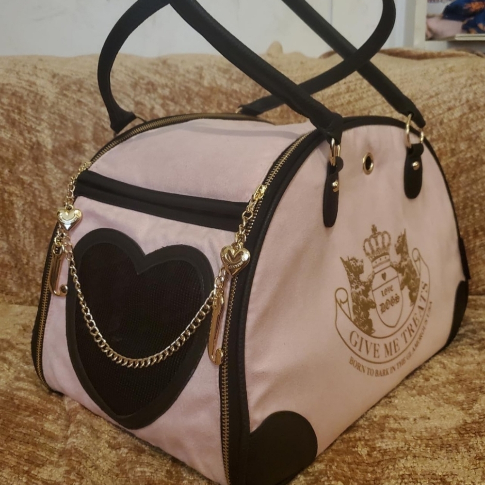 NWT Juicy Couture Pet Carrier Pink & Black Travel Bag for Small Dog & Cat.